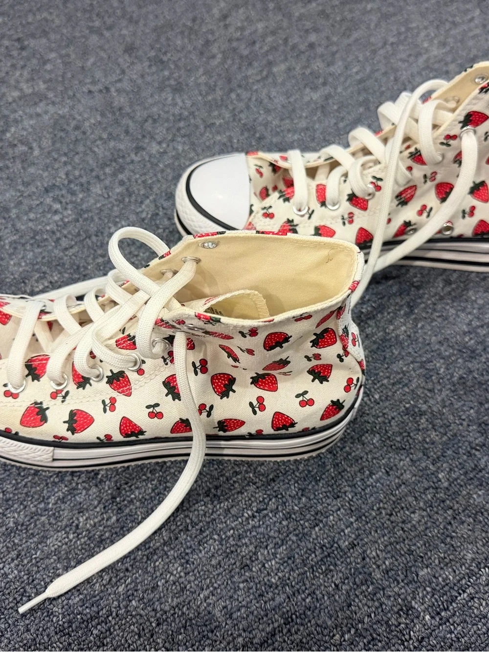 Converse Cream High-Top Sneakers with Red Strawberry and Cherry Print